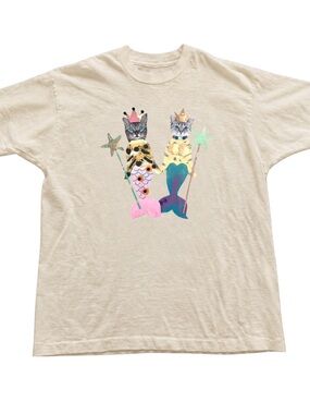 Off White Cat Mermaid Graphic Tee with Pink & Teal Accents